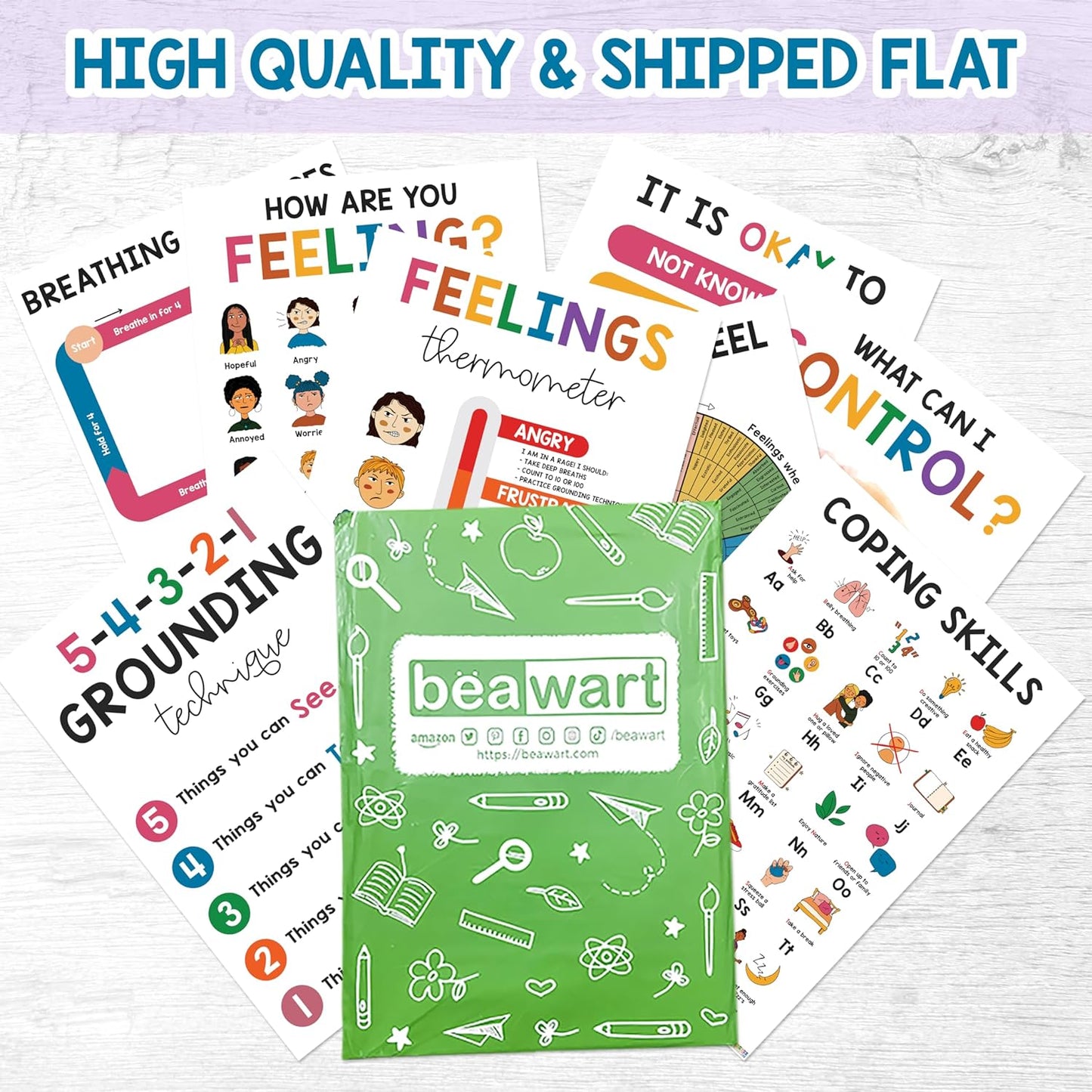08 Pcs Mental Health posters (10"x14") Therapy Office Decor, Feeling Wheel Poster, What Can I Control, Emotions Chart Kids Inspirational Wall Art, Growth Mindset For Classroom School Counselor Psychologist Decor - BEAWART