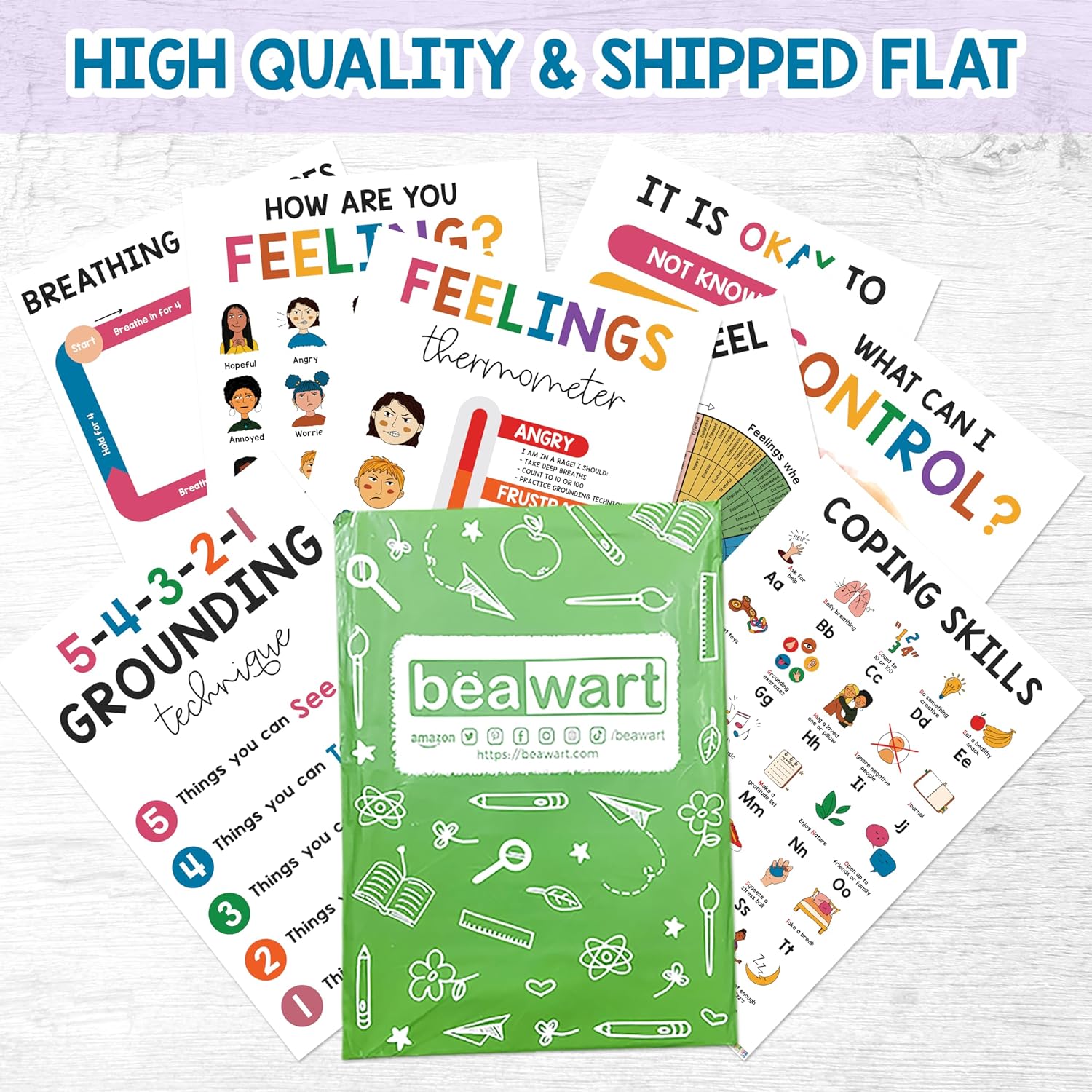08 Pcs Mental Health posters (10"x14") Therapy Office Decor, Feeling Wheel Poster, What Can I Control, Emotions Chart Kids Inspirational Wall Art, Growth Mindset For Classroom School Counselor Psychologist Decor - BEAWART