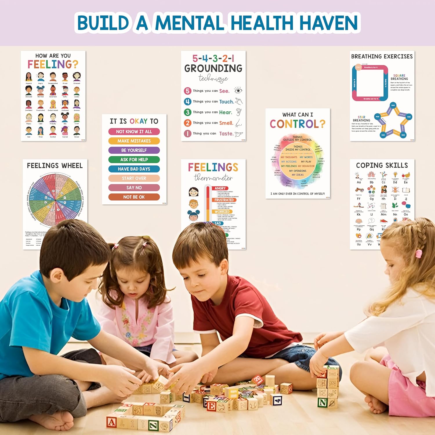 08 Pcs Mental Health posters (10"x14") Therapy Office Decor, Feeling Wheel Poster, What Can I Control, Emotions Chart Kids Inspirational Wall Art, Growth Mindset For Classroom School Counselor Psychologist Decor - BEAWART