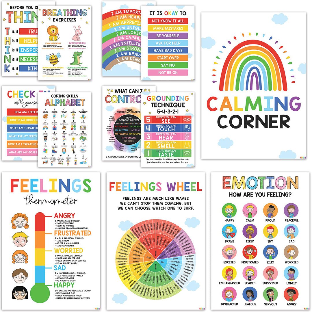 12 Calming Corner Classroom Posters - Feelings Wheel Chart & Emotions Poster For Kids, Calm Down Corner Supplies For Therapy Office Decor, Mental Health Wall Decorations For Preschool Teachers - BEAWART