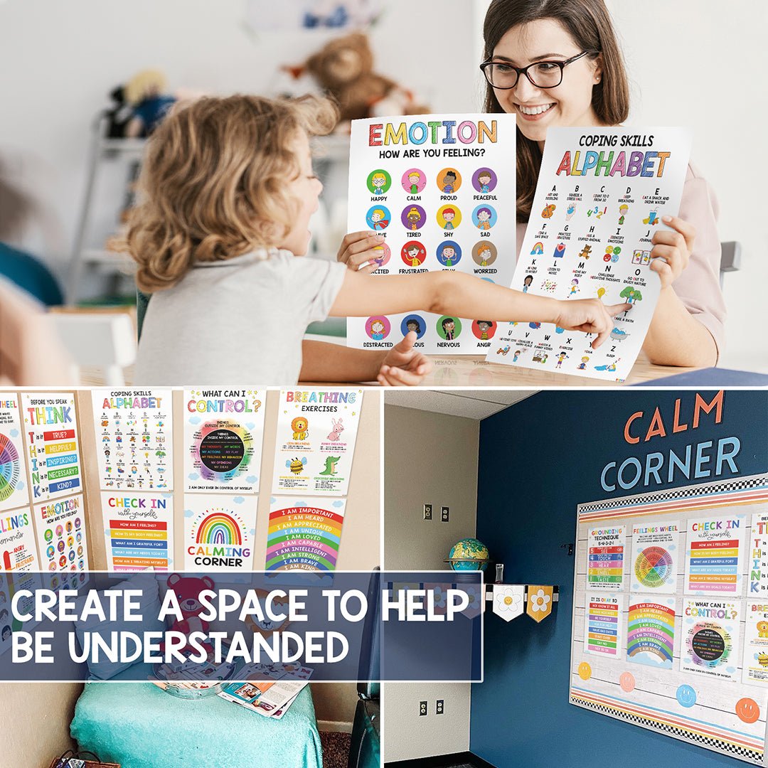 12 Calming Corner Classroom Posters - Feelings Wheel Chart & Emotions Poster For Kids, Calm Down Corner Supplies For Therapy Office Decor, Mental Health Wall Decorations For Preschool Teachers - BEAWART