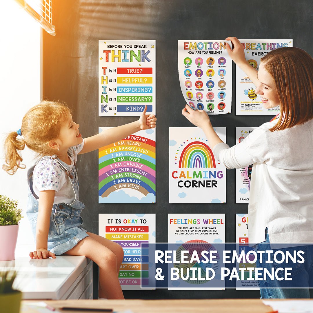 12 Calming Corner Classroom Posters - Feelings Wheel Chart & Emotions Poster For Kids, Calm Down Corner Supplies For Therapy Office Decor, Mental Health Wall Decorations For Preschool Teachers - BEAWART