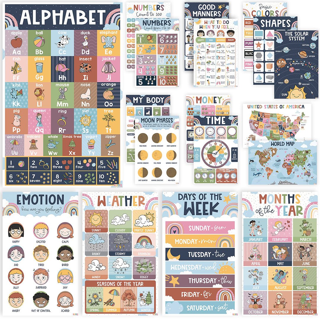 18 Boho Educational Posters For Toddlers, Learning Posters For Toddlers 1-3, Abc Chart - Alphabet Poster Laminated Preschoolers/Kids, Preschool Homeschool Posters For Kindergarten Classroom Wall Decor - BEAWART
