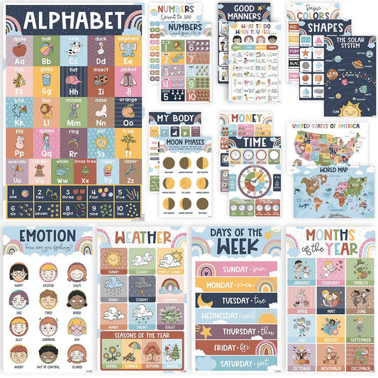 18 Boho Educational Posters For Toddlers, Learning Posters For Toddlers 1-3, Abc Chart - Alphabet Poster Laminated Preschoolers/Kids, Preschool Homeschool Posters For Kindergarten Classroom Wall Decor - BEAWART