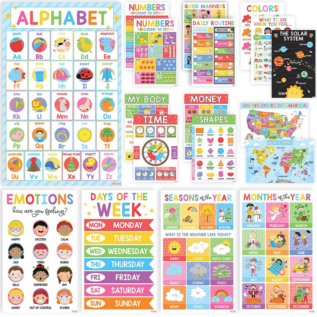 18 Educational Posters For Toddlers - Laminationed Learning Posters For Kids Ages 3-5, Abc Charts Alphabet Poster, Preschool Homeschool Supplies, Prek Classroom Posters Wall Kindergarten Decor - BEAWART