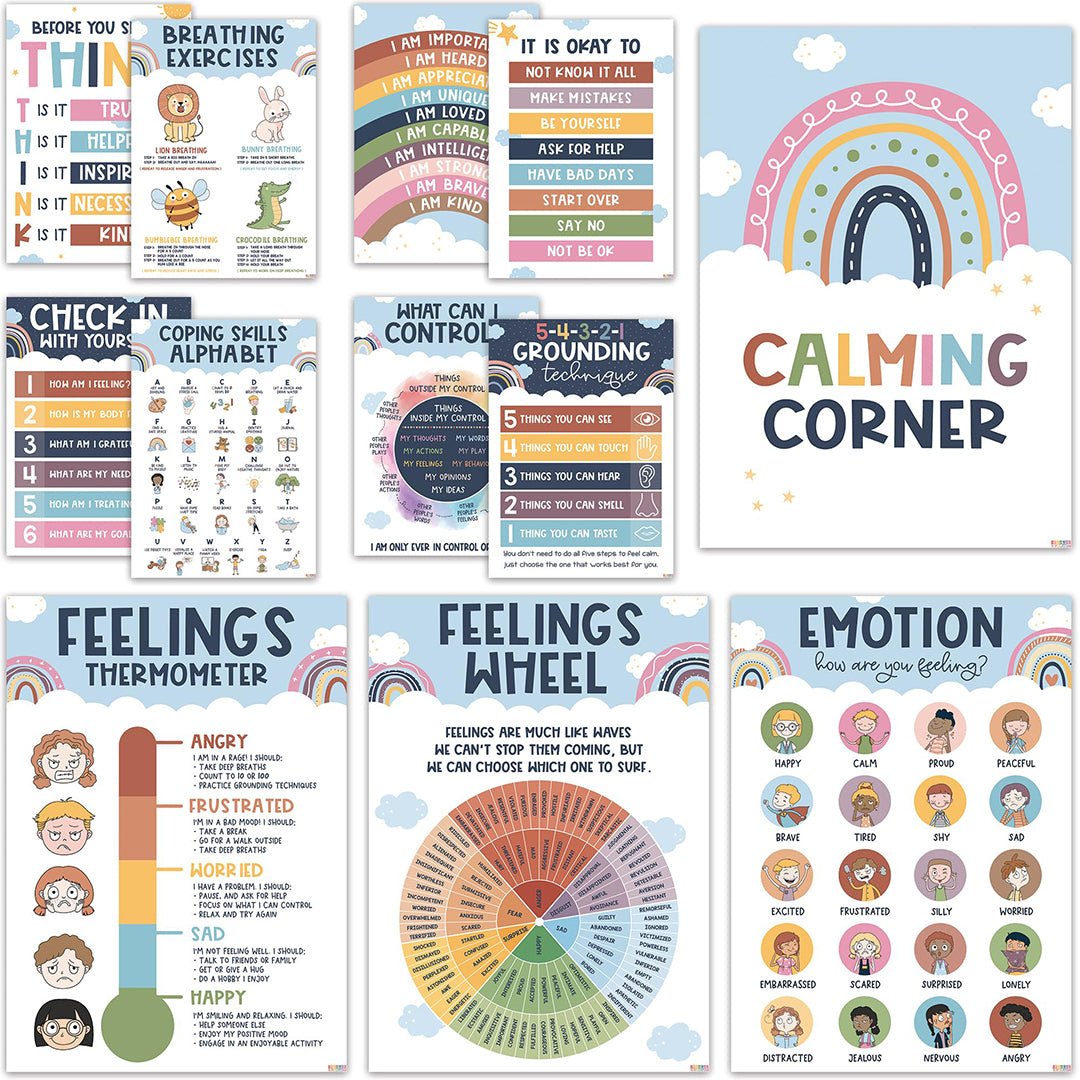 BEAWART 12 Calming Corner Classroom Posters - Feelings Wheel Chart & Emotions Poster For Kids, Calm Down Corner Supplies For Therapy Office Decor, Mental Health Wall Decorations For Preschool Teachers - BEAWART