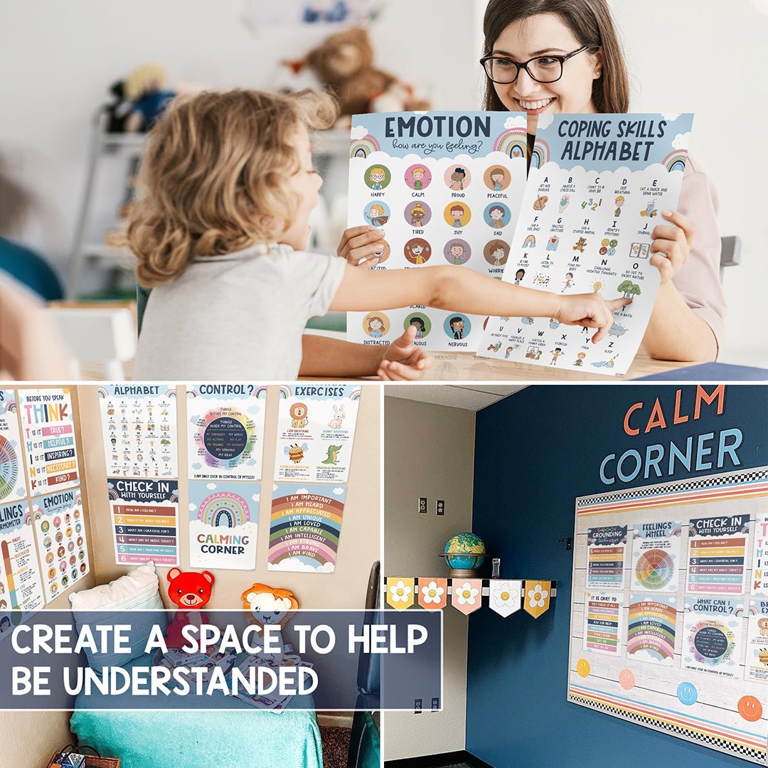BEAWART 12 Calming Corner Classroom Posters - Feelings Wheel Chart & Emotions Poster For Kids, Calm Down Corner Supplies For Therapy Office Decor, Mental Health Wall Decorations For Preschool Teachers - BEAWART