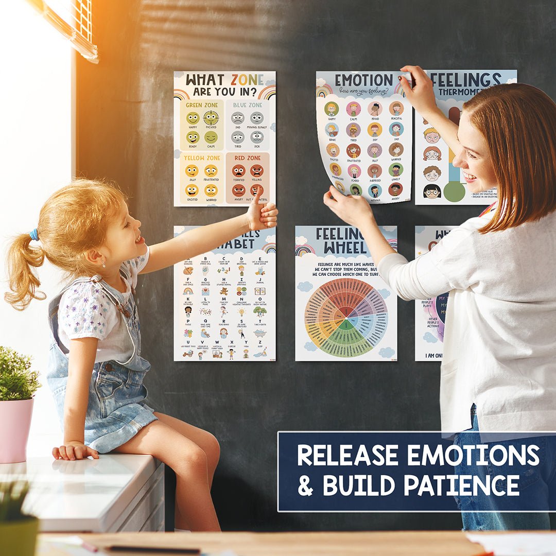 BEAWART 6 Boho Calming Corner Classroom Posters, Feelings Wheel Chart & Emotions Poster For Kids, Calm Down Corner Supplies For Therapy Office Decor, Mental Health Wall Decorations For Preschool Teachers - BEAWART