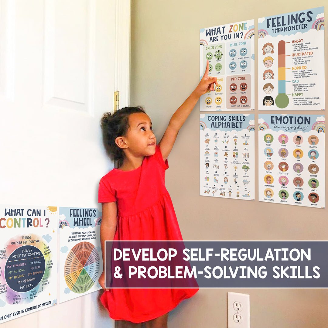 BEAWART 6 Boho Calming Corner Classroom Posters, Feelings Wheel Chart & Emotions Poster For Kids, Calm Down Corner Supplies For Therapy Office Decor, Mental Health Wall Decorations For Preschool Teachers - BEAWART