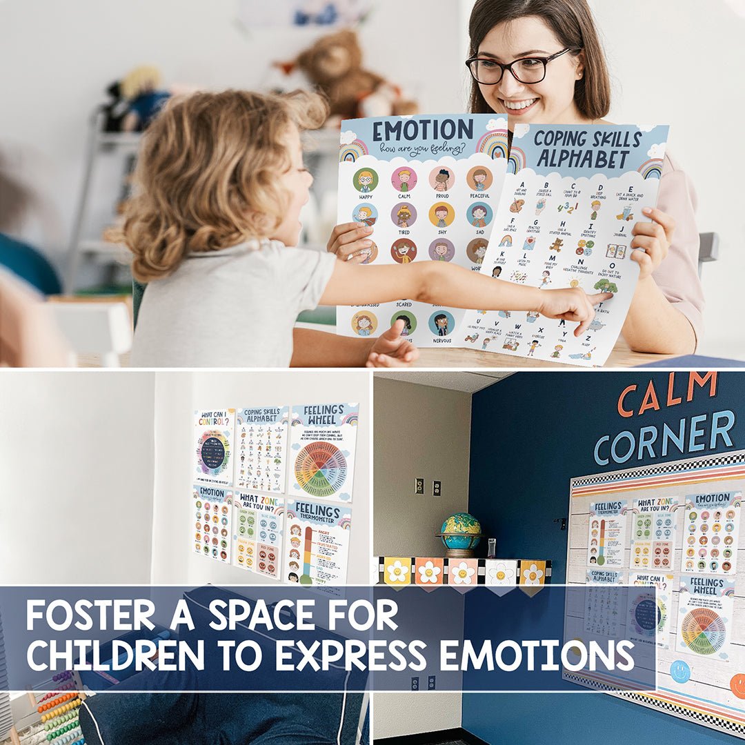 BEAWART 6 Boho Calming Corner Classroom Posters, Feelings Wheel Chart & Emotions Poster For Kids, Calm Down Corner Supplies For Therapy Office Decor, Mental Health Wall Decorations For Preschool Teachers - BEAWART