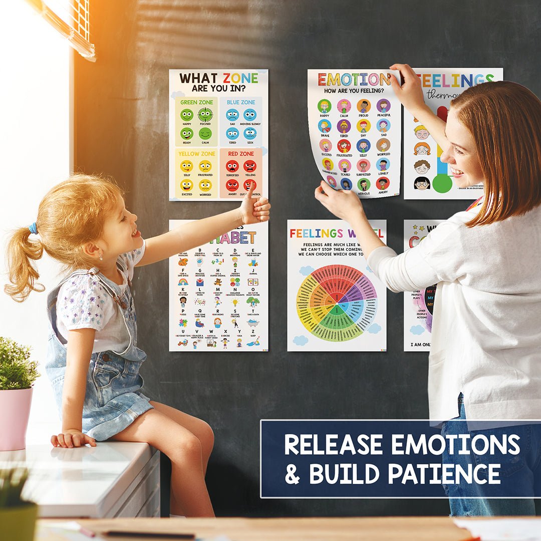 BEAWART 6 Calming Corner Classroom Posters, Feelings Wheel Chart & Emotions Poster For Kids, Calm Down Corner Supplies For Therapy Office Decor, Mental Health Wall Decorations For Preschool Teachers - BEAWART