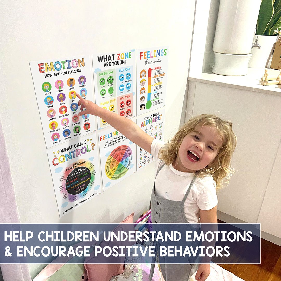 BEAWART 6 Calming Corner Classroom Posters, Feelings Wheel Chart & Emotions Poster For Kids, Calm Down Corner Supplies For Therapy Office Decor, Mental Health Wall Decorations For Preschool Teachers - BEAWART