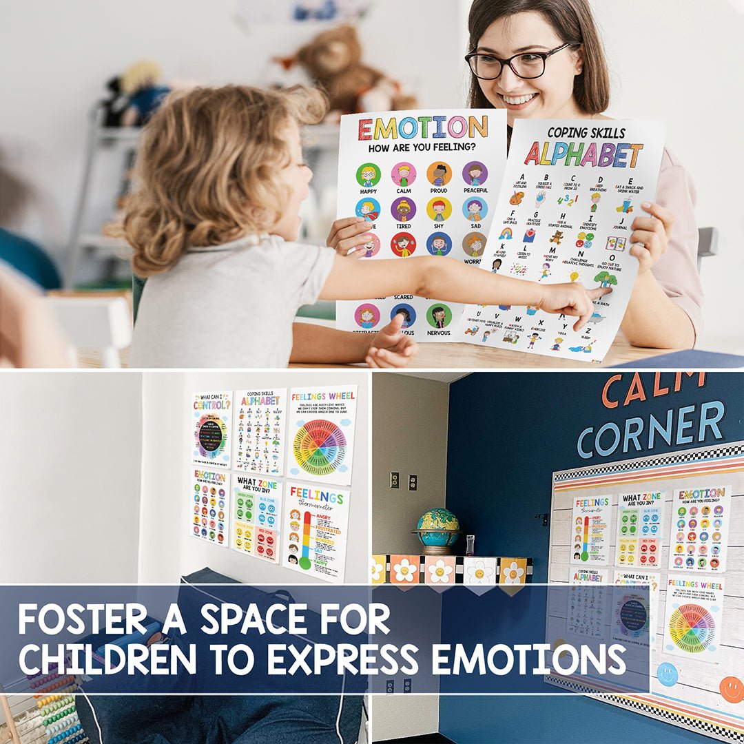 BEAWART 6 Calming Corner Classroom Posters, Feelings Wheel Chart & Emotions Poster For Kids, Calm Down Corner Supplies For Therapy Office Decor, Mental Health Wall Decorations For Preschool Teachers - BEAWART
