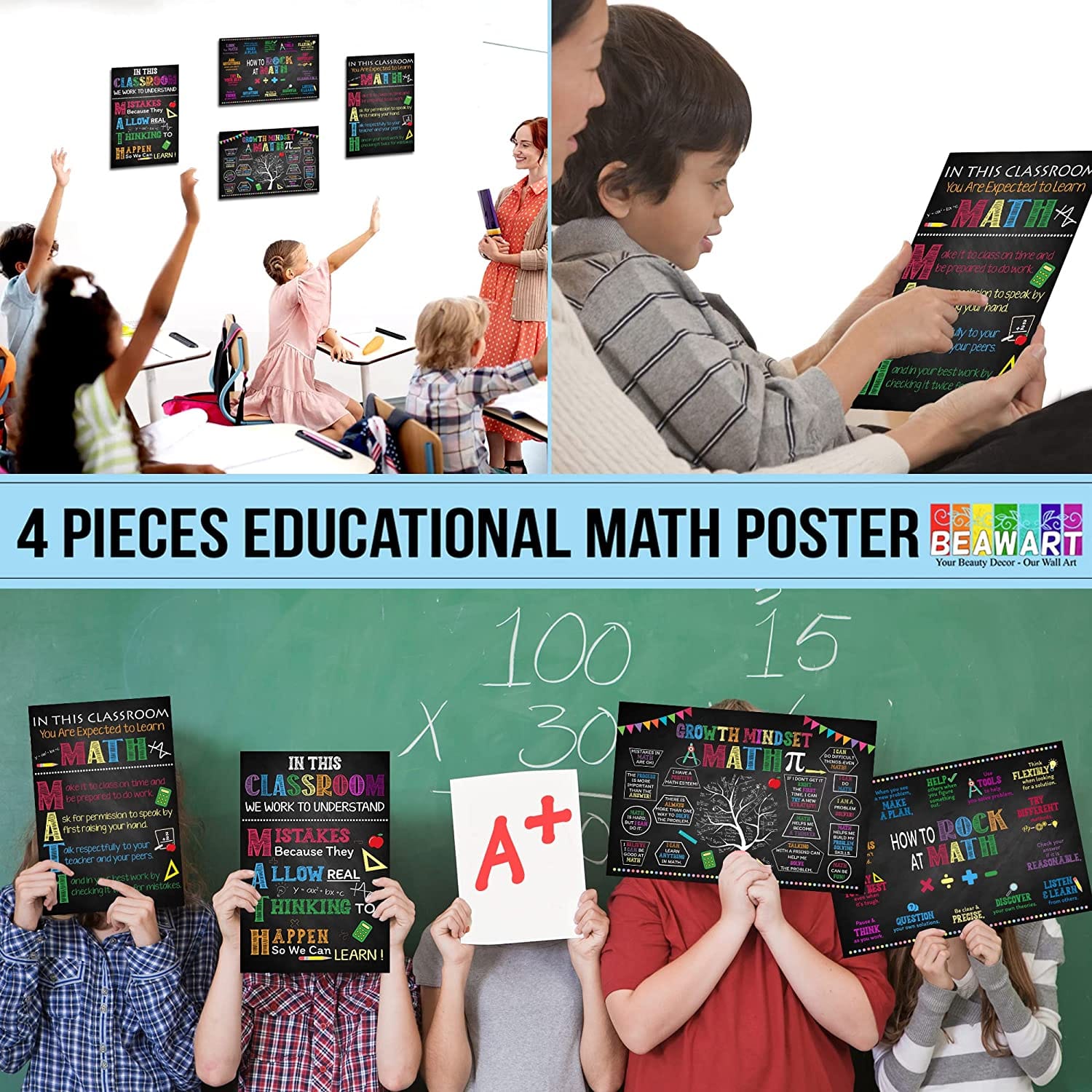 Math Posters for Classroom Decorations, Supplies For Teachers (4pcs,12"x18") - BEAWART