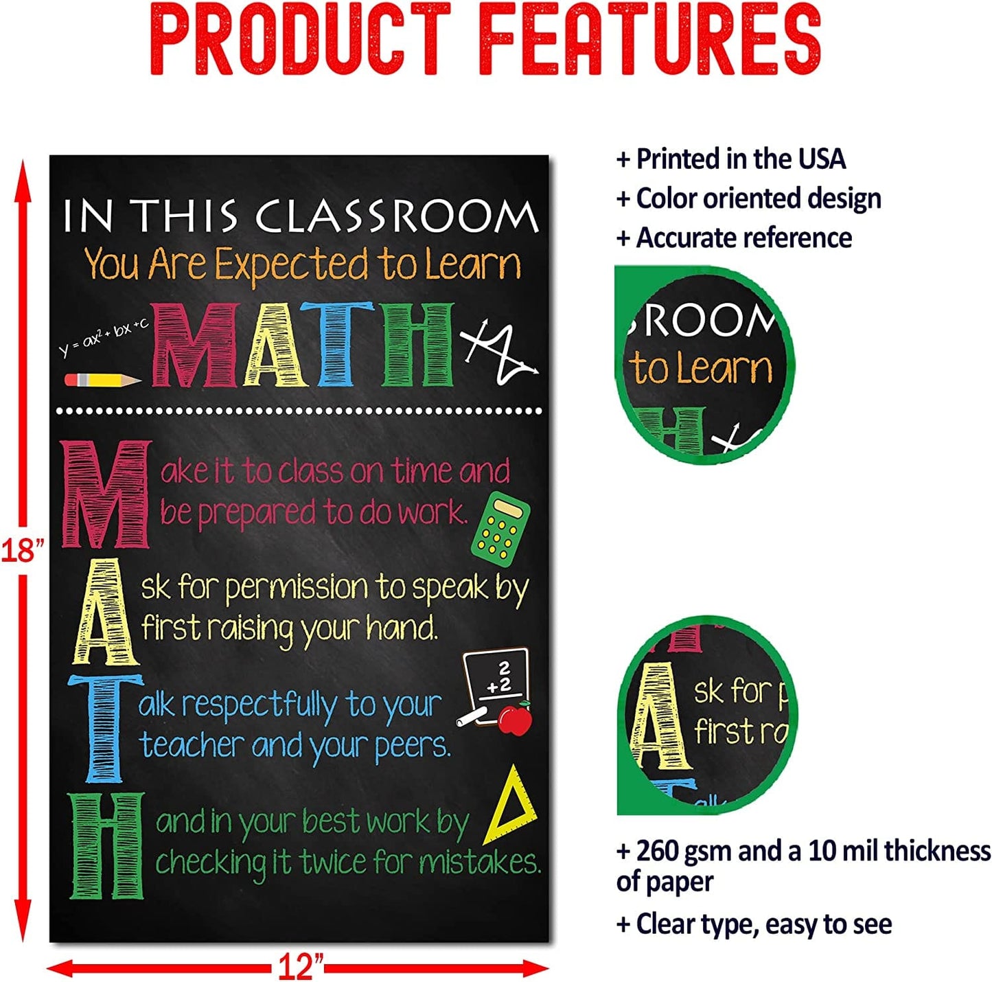 Math Posters - Rules Math Signs Teaching For Kids (12 x 18 In) - BEAWART