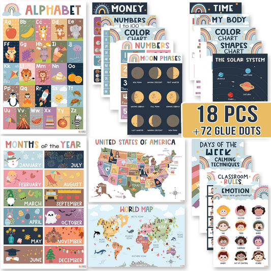 <small>18 Educational Posters For Toddlers - Teachers Boho Classroom Decor & Laminated Kindergarten Homeschool Supplies, prek learning materials , Alphabet Poster, Preschool Classroom Must Haves For Kids</small> - BEAWART