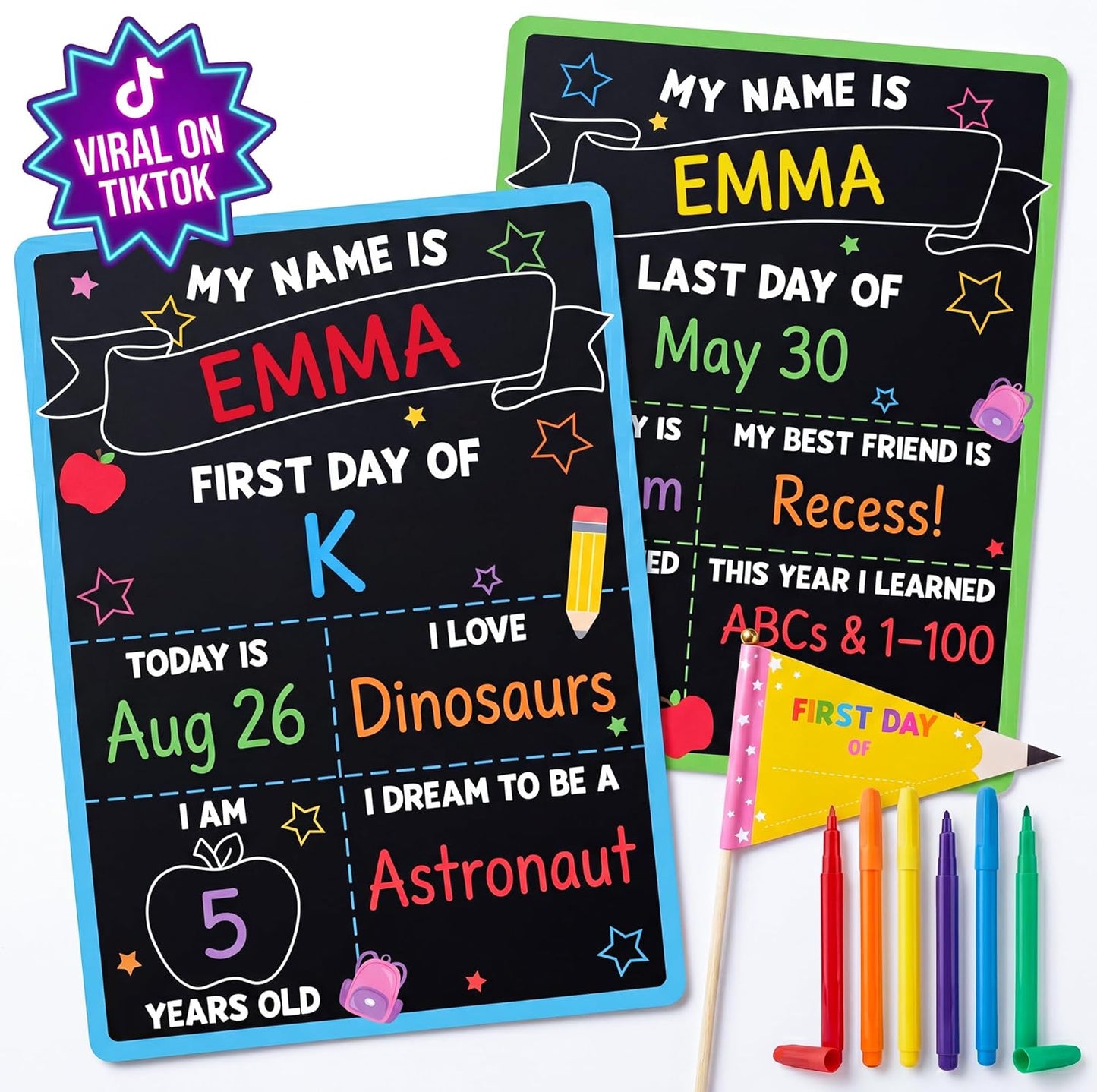 BEAWART First & Last Day of School Sign (6 Markers + Pencil Flag Included) - 10x14 Reusable Back to School Chalkboard 1st for Kindergarten Preschool Daycare, Double Sided Dry Erase Board Photo Props for Kids