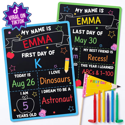 BEAWART First & Last Day of School Sign (6 Markers + Pencil Flag Included) - 10x14 Reusable Back to School Chalkboard 1st for Kindergarten Preschool Daycare, Double Sided Dry Erase Board Photo Props for Kids