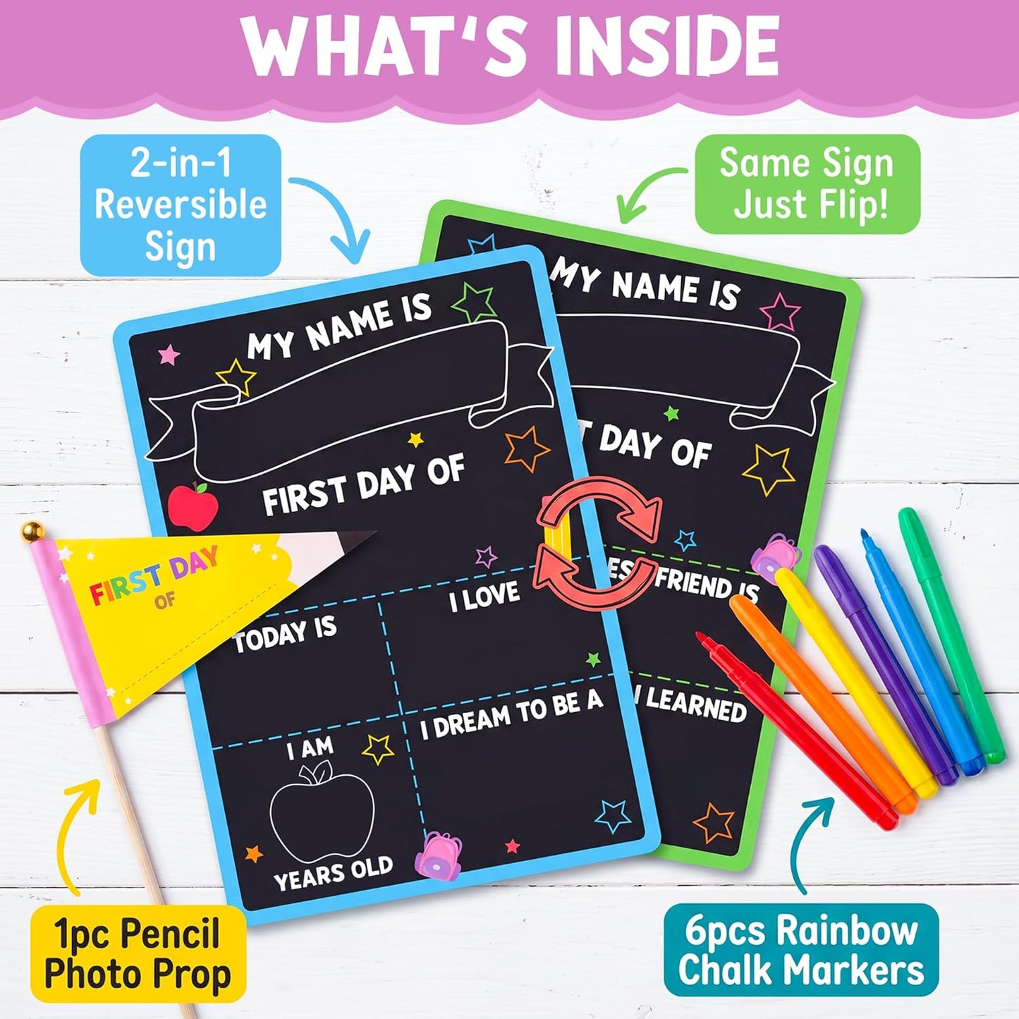 BEAWART First & Last Day of School Sign (6 Markers + Pencil Flag Included) - 10x14 Reusable Back to School Chalkboard 1st for Kindergarten Preschool Daycare, Double Sided Dry Erase Board Photo Props for Kids