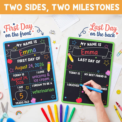BEAWART First & Last Day of School Sign (6 Markers + Pencil Flag Included) - 10x14 Reusable Back to School Chalkboard 1st for Kindergarten Preschool Daycare, Double Sided Dry Erase Board Photo Props for Kids
