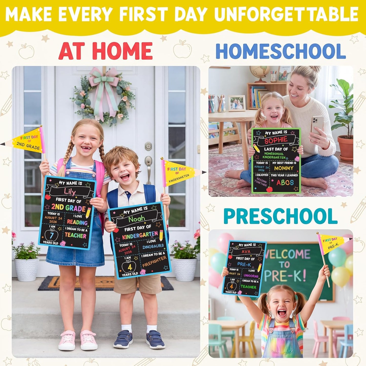 BEAWART First & Last Day of School Sign (6 Markers + Pencil Flag Included) - 10x14 Reusable Back to School Chalkboard 1st for Kindergarten Preschool Daycare, Double Sided Dry Erase Board Photo Props for Kids