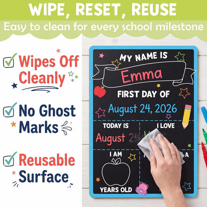BEAWART First & Last Day of School Sign (6 Markers + Pencil Flag Included) - 10x14 Reusable Back to School Chalkboard 1st for Kindergarten Preschool Daycare, Double Sided Dry Erase Board Photo Props for Kids