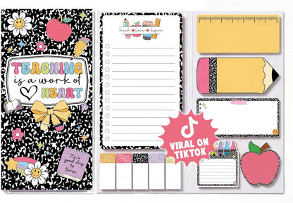 BEAWART Teacher Sticky Notes Set - Teaching is A Work of Heart Set Blackboard Self-Stick Note Pads - Teacher Appreciation Gift Writing Memo Pads Classroom School Office Supplies (Composition Pattern)