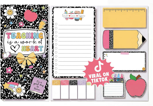 BEAWART Teacher Sticky Notes Set - Teaching is A Work of Heart Set Blackboard Self-Stick Note Pads - Teacher Appreciation Gift Writing Memo Pads Classroom School Office Supplies (Composition Pattern)