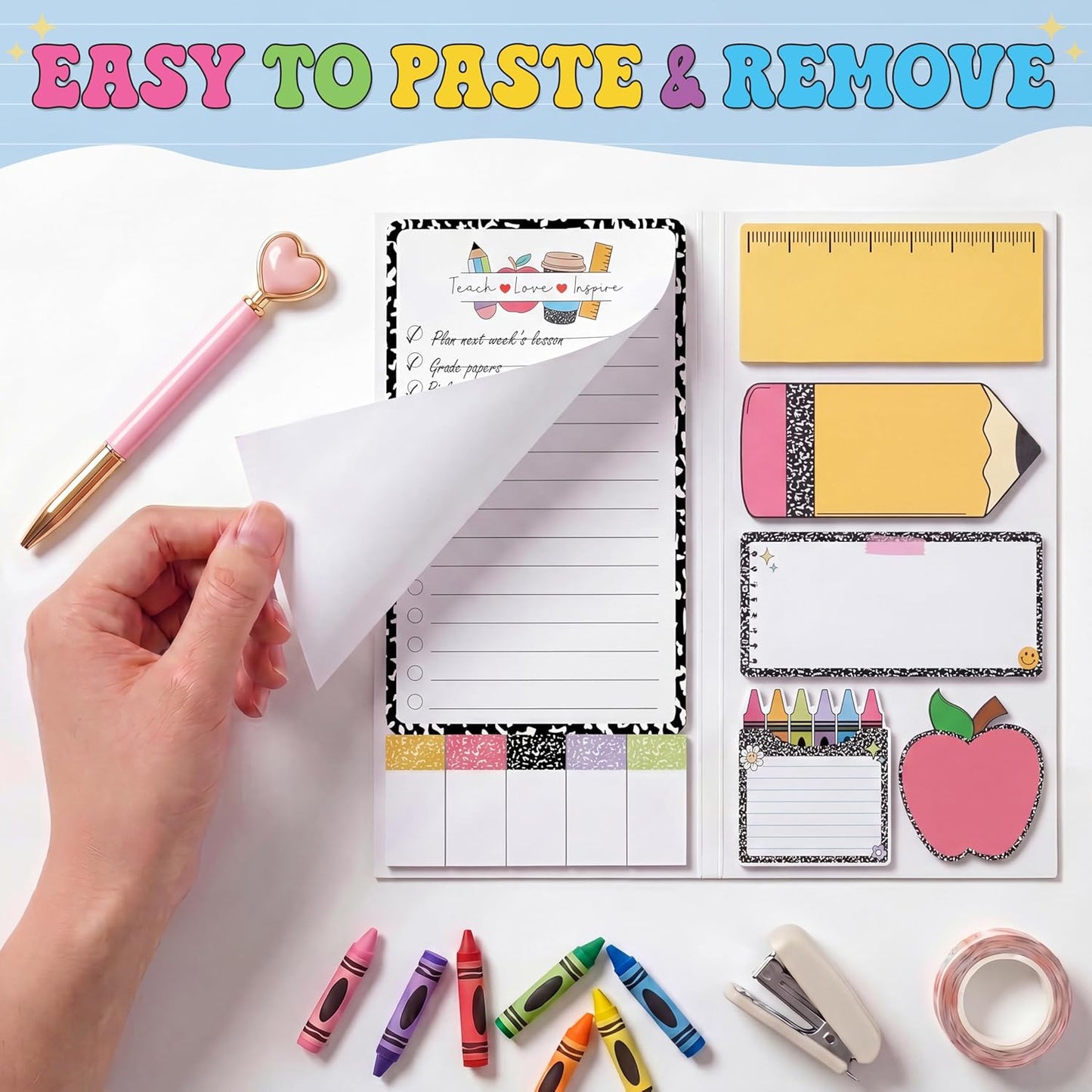 BEAWART Teacher Sticky Notes Set - Teaching is A Work of Heart Set Blackboard Self-Stick Note Pads - Teacher Appreciation Gift Writing Memo Pads Classroom School Office Supplies (Composition Pattern)