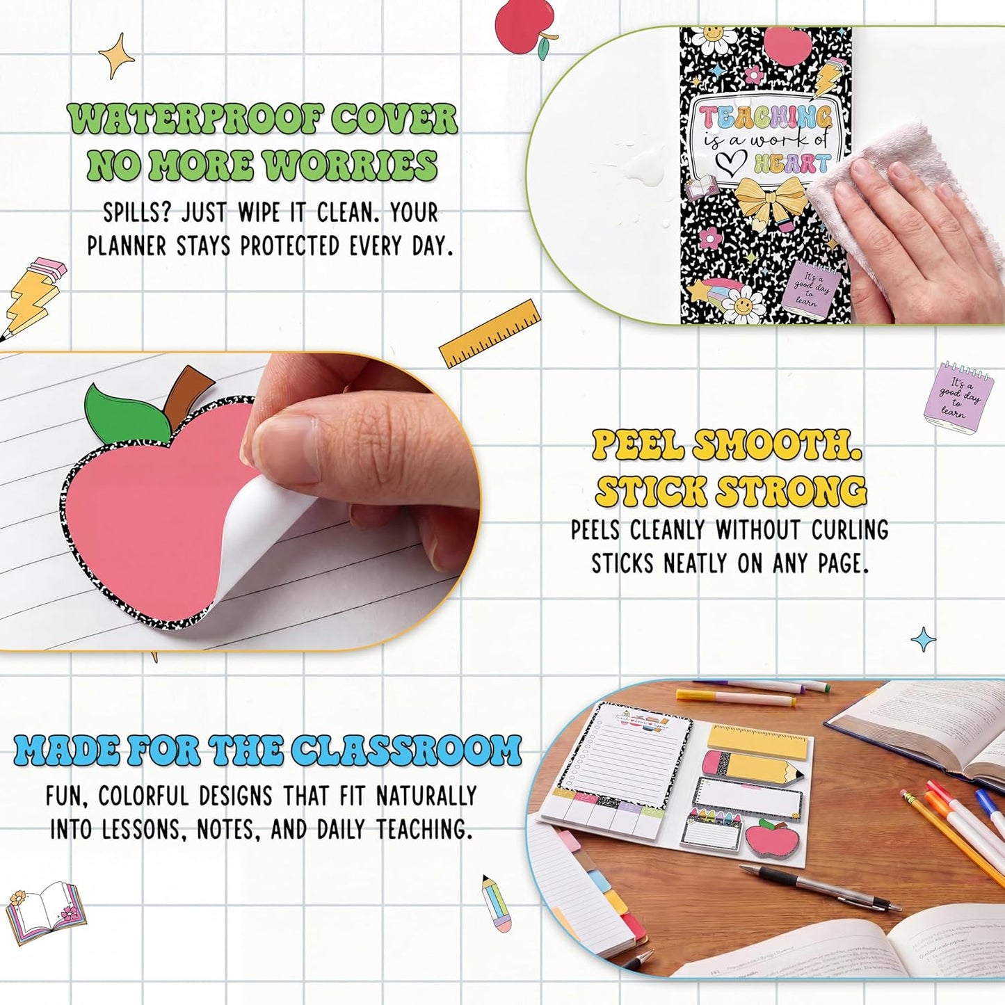 BEAWART Teacher Sticky Notes Set - Teaching is A Work of Heart Set Blackboard Self-Stick Note Pads - Teacher Appreciation Gift Writing Memo Pads Classroom School Office Supplies (Composition Pattern)