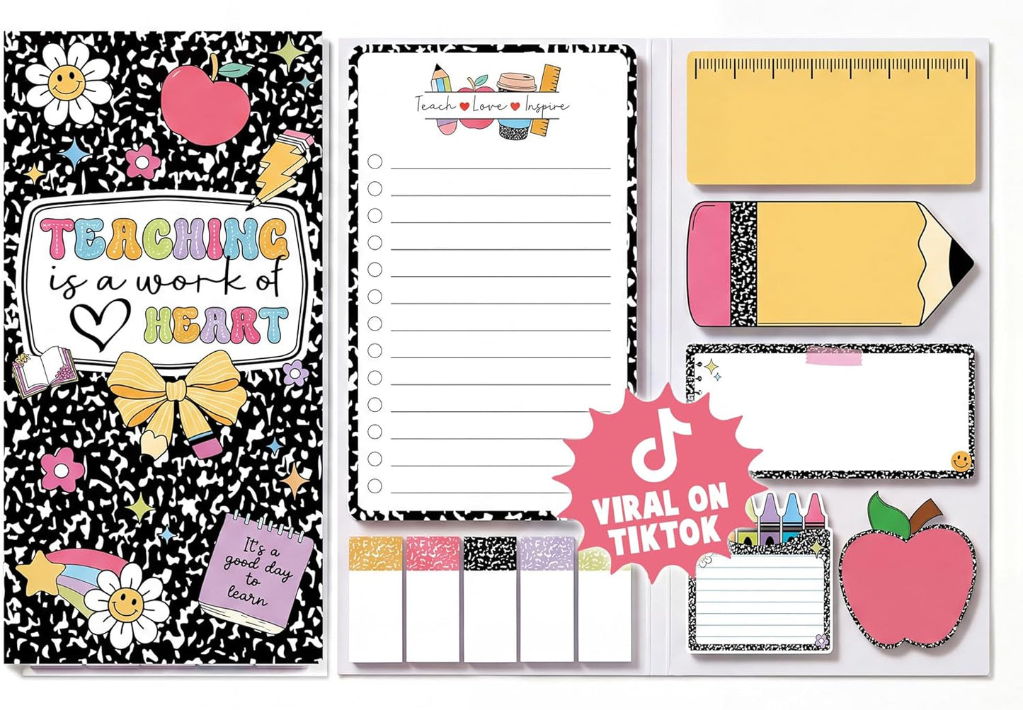 BEAWART Teacher Sticky Notes Set - Teaching is A Work of Heart Set Blackboard Self-Stick Note Pads - Teacher Appreciation Gift Writing Memo Pads Classroom School Office Supplies (Composition Pattern) - BEAWART
