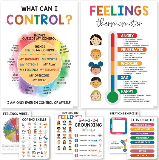08 Pcs Mental Health posters (10"x14") Therapy Office Decor, Feeling Wheel Poster, What Can I Control, Emotions Chart Kids Inspirational Wall Art, Growth Mindset For Classroom School Counselor Psychologist Decor - BEAWART