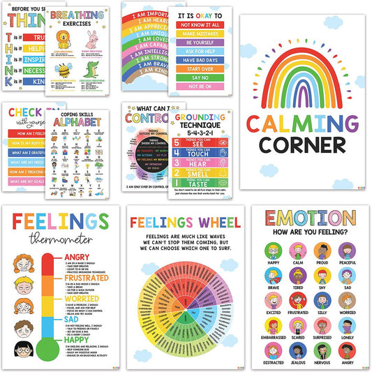12 Calming Corner Classroom Posters - Feelings Wheel Chart & Emotions Poster For Kids, Calm Down Corner Supplies For Therapy Office Decor, Mental Health Wall Decorations For Preschool Teachers - BEAWART