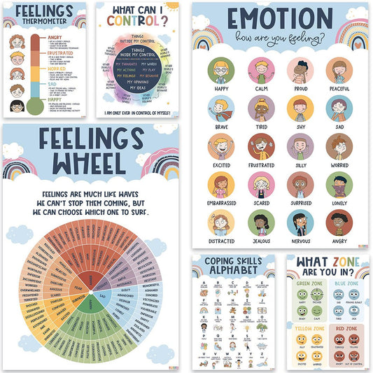 BEAWART 6 Boho Calming Corner Classroom Posters, Feelings Wheel Chart & Emotions Poster For Kids, Calm Down Corner Supplies For Therapy Office Decor, Mental Health Wall Decorations For Preschool Teachers - BEAWART