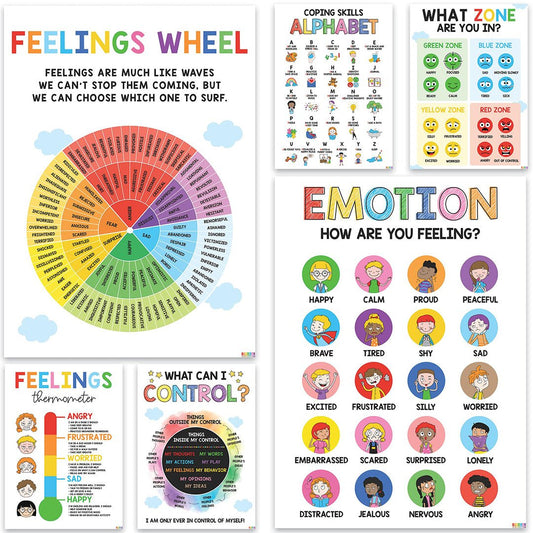 BEAWART 6 Calming Corner Classroom Posters, Feelings Wheel Chart & Emotions Poster For Kids, Calm Down Corner Supplies For Therapy Office Decor, Mental Health Wall Decorations For Preschool Teachers - BEAWART