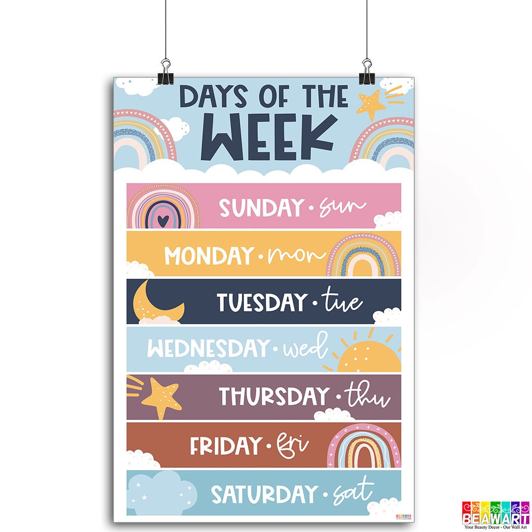 Boho Days of the Week Chart Poster Laminated For Preschoolers/Kids, Boho Educational Posters For Toddlers, Learning Posters For Toddlers 1-3, Preschool Homeschool Posters For Kindergarten Classroom Wall Decor - BEAWART