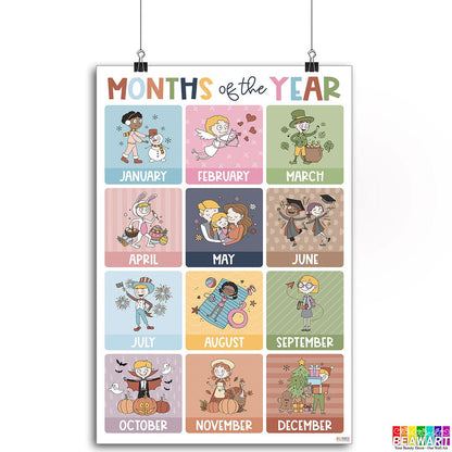 Boho Months of the Year Chart Poster Laminated For Preschoolers/Kids, Boho Educational Posters For Toddlers, Learning Posters For Toddlers 1-3, Preschool Homeschool Posters For Kindergarten Classroom Wall Decor - BEAWART
