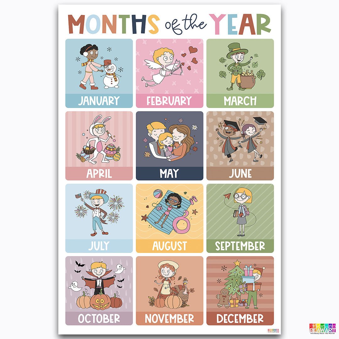 Boho Months of the Year Chart Poster Laminated For Preschoolers/Kids, Boho Educational Posters For Toddlers, Learning Posters For Toddlers 1-3, Preschool Homeschool Posters For Kindergarten Classroom Wall Decor - BEAWART