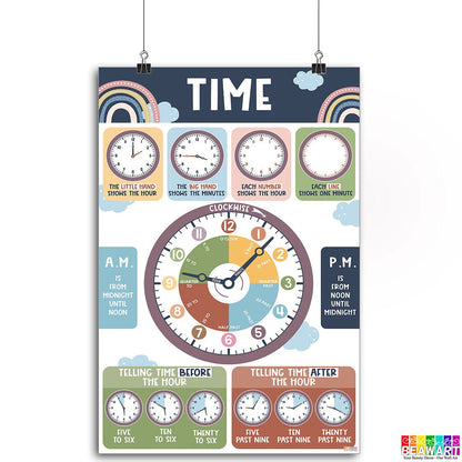 Boho Tell the Time Chart Poster Laminated For Preschoolers/Kids, Boho Educational Posters For Toddlers, Learning Posters For Toddlers 1-3, Preschool Homeschool Posters For Kindergarten Classroom Wall Decor - BEAWART
