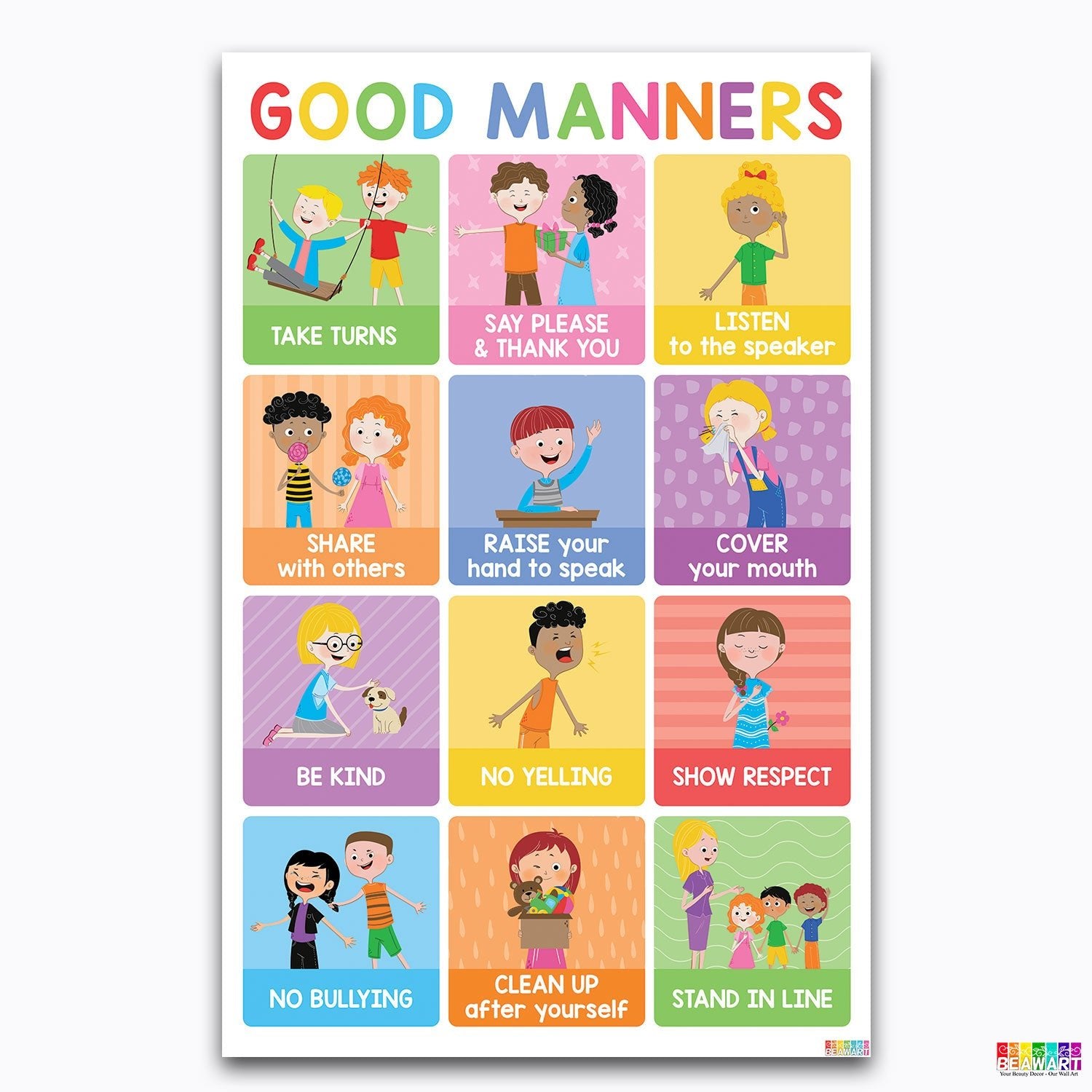 Vibrant Classroom Rules Chart Poster Laminated For Preschoolers/Kids, Educational Posters For Toddlers, Learning Posters For Toddlers 1-3, Preschool Homeschool Posters For Kindergarten Classroom Wall Decor - BEAWART