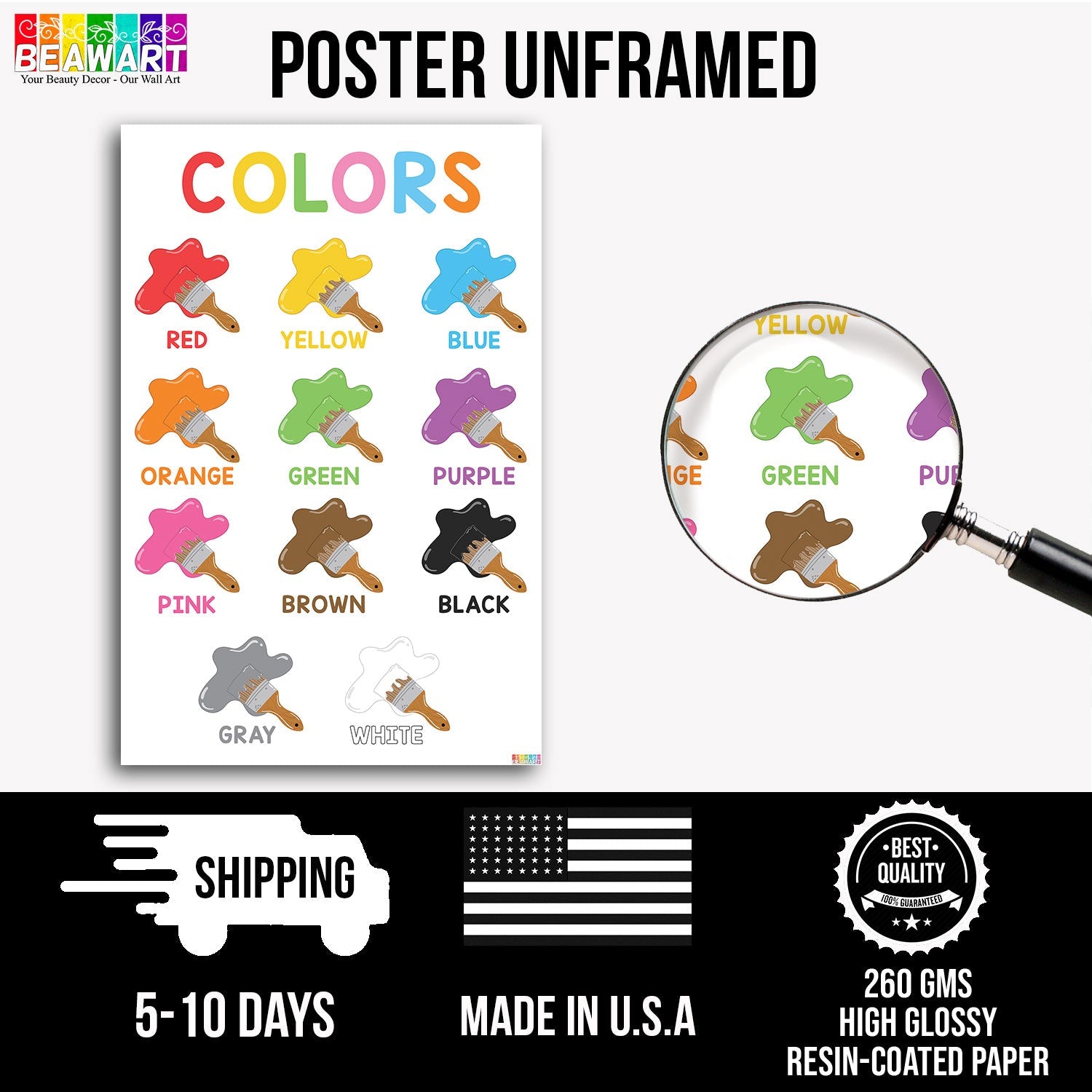 Vibrant Colors Chart Poster Laminated For Preschoolers/Kids, Educational Posters For Toddlers, Learning Posters For Toddlers 1-3, Preschool Homeschool Posters For Kindergarten Classroom Wall Decor - BEAWART