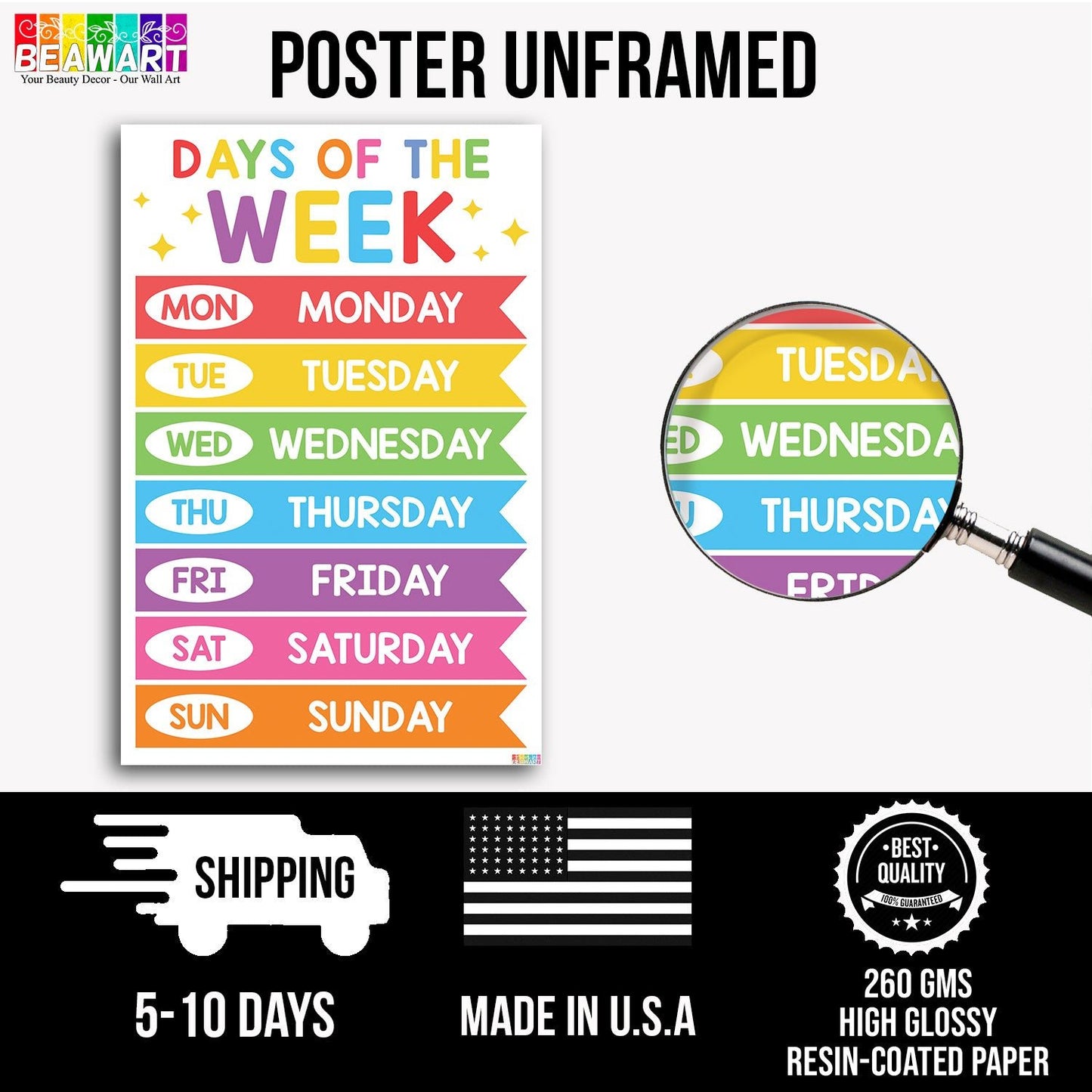 Vibrant Days of the Week Chart Poster Laminated For Preschoolers/Kids, Educational Posters For Toddlers, Learning Posters For Toddlers 1-3, Preschool Homeschool Posters For Kindergarten Classroom Wall Decor - BEAWART