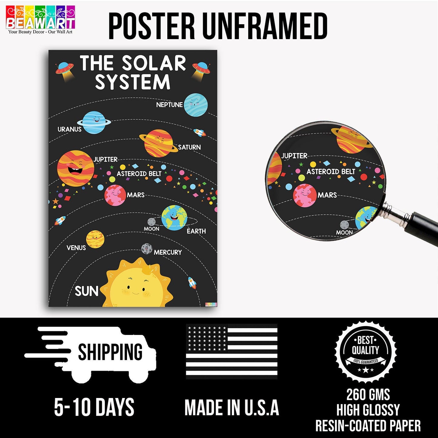 Vibrant Solar System Chart Poster Laminated For Preschoolers/Kids, Educational Posters For Toddlers, Learning Posters For Toddlers 1-3, Preschool Homeschool Posters For Kindergarten Classroom Wall Decor - BEAWART
