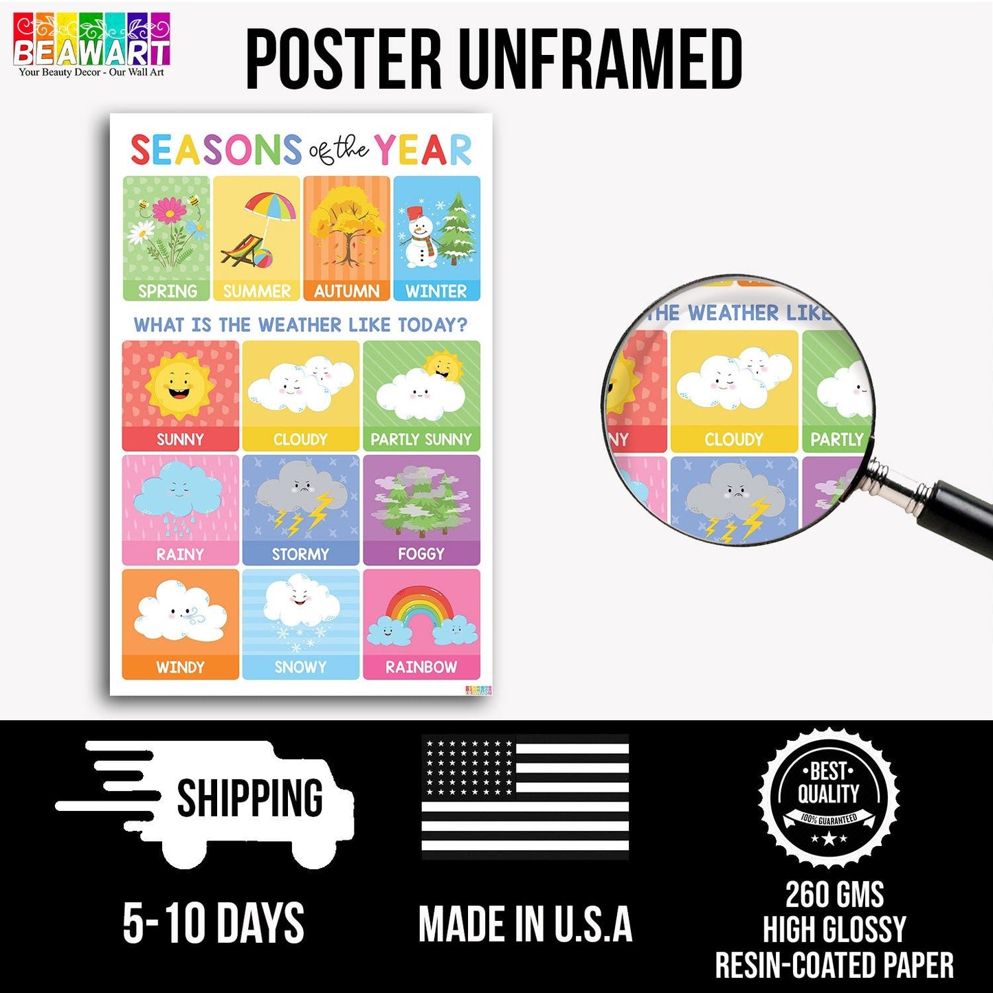 Vibrant Weather Chart Poster Laminated For Preschoolers/Kids, Educational Posters For Toddlers, Learning Posters For Toddlers 1-3, Preschool Homeschool Posters For Kindergarten Classroom Wall Decor - BEAWART